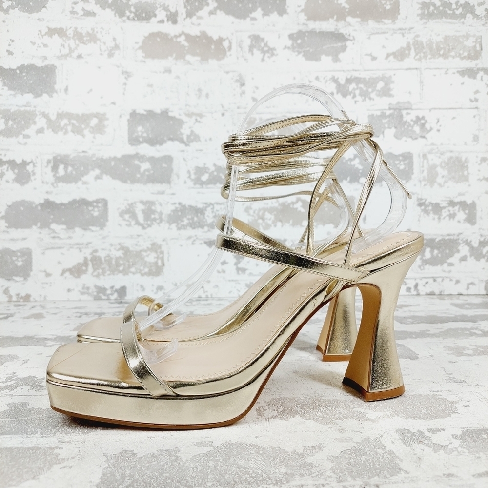 New BP Netta Platform Gold Metallic Strappy Sandals i889